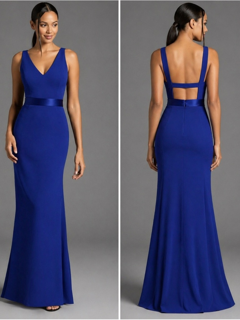 Vera Wang Blue V-Neck Evening Gown with Open Back